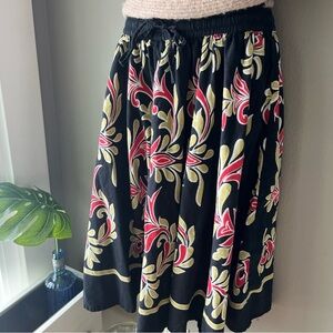 Womens J Gee Black Red Yellow Floral Batik Midi Flare Skirt ELASTIC WAIST Size L